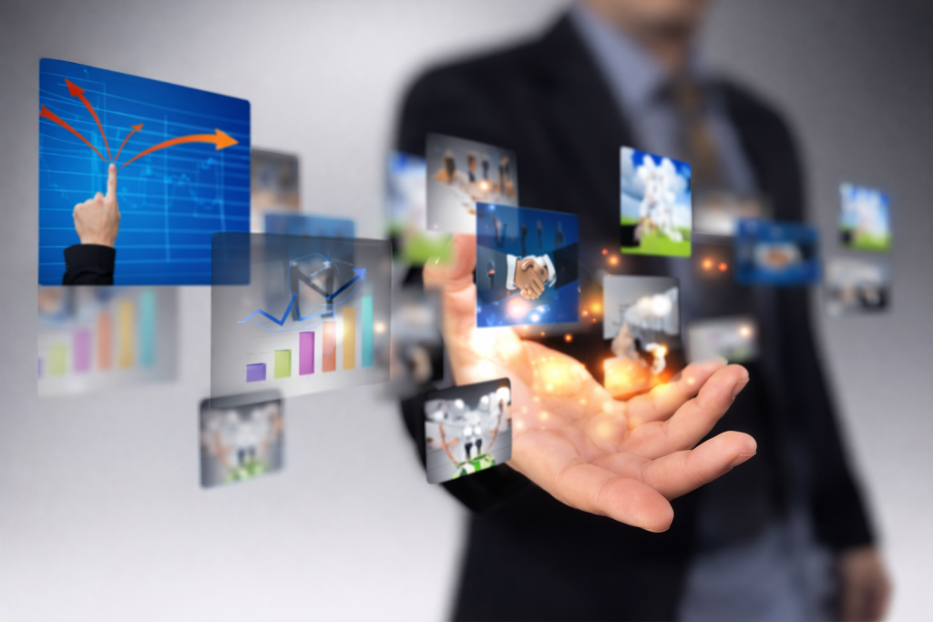 Business professional interacting with digital financial technology interface showing data and virtual icons