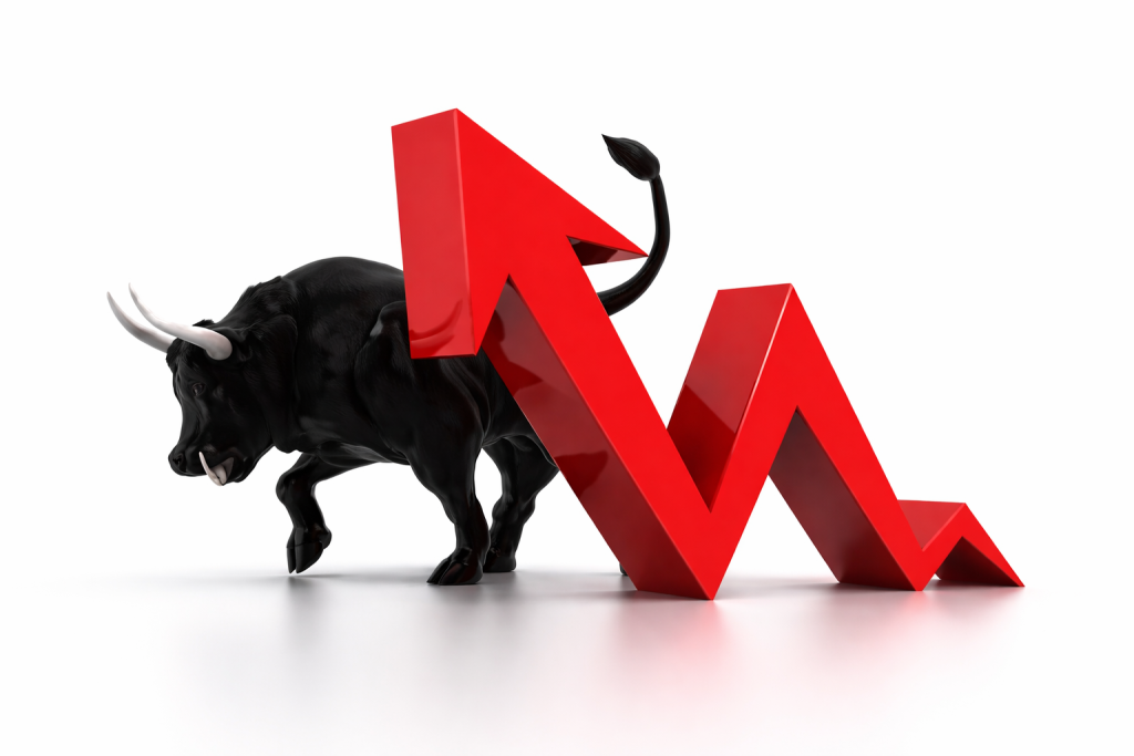 Bull charging against the red arrow