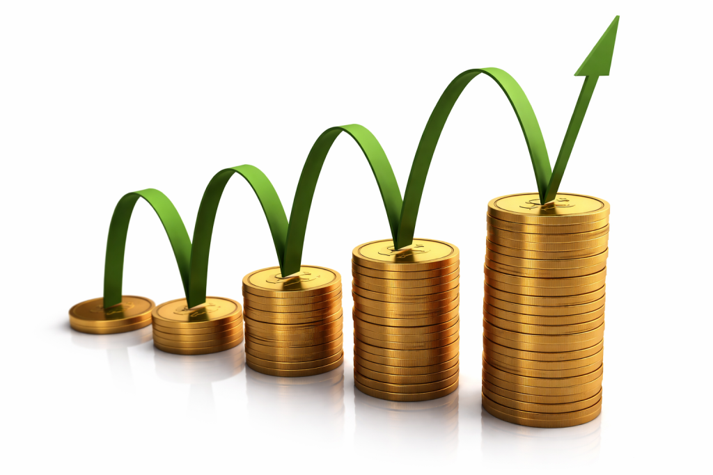 Stacked coins with upward growth graph representing increasing investment returns and financial growth