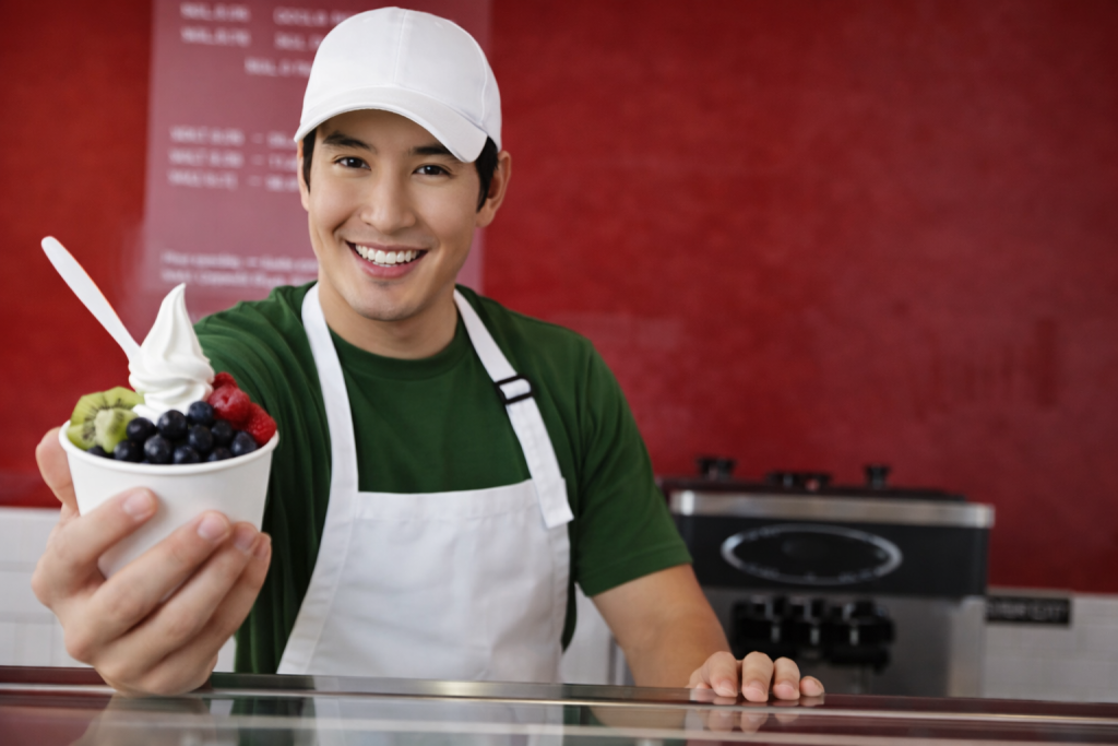 Smiling staff member serving frozen yogurt with fresh fruits to a customer