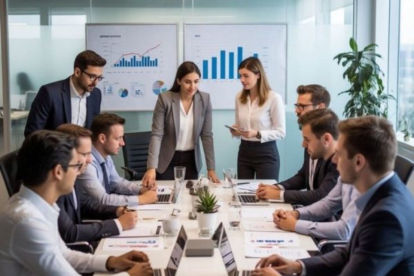 Business team discussing financial data and strategy in a meeting room