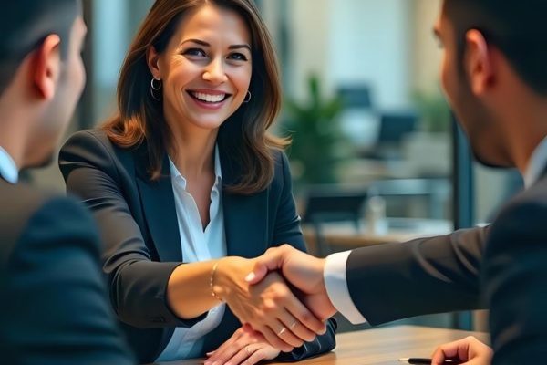 Business professionals shaking hands during a successful meeting agreement